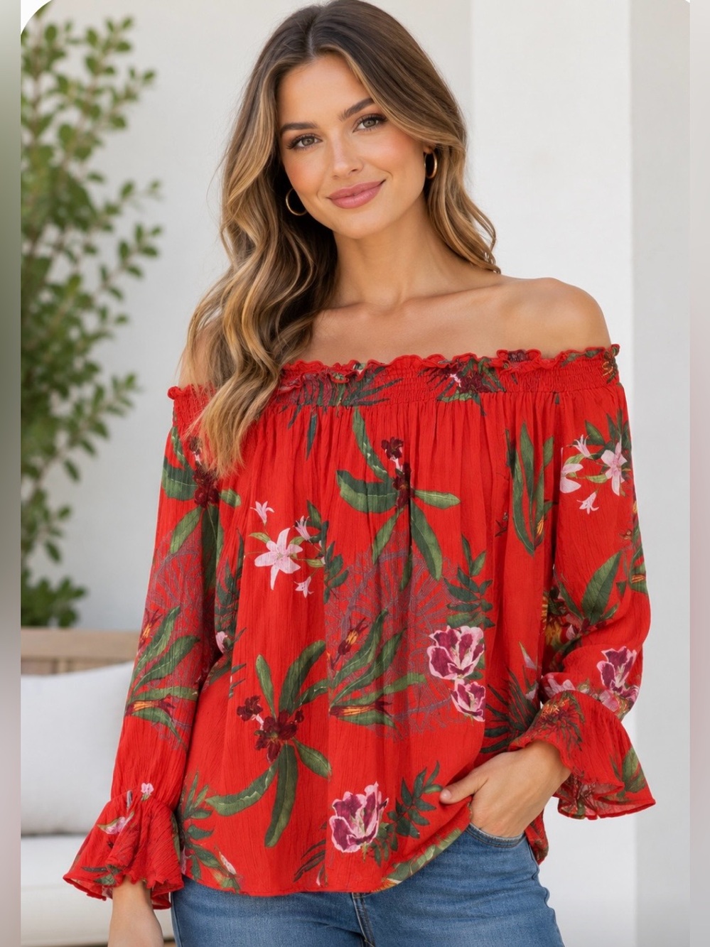 Desigual Red Off-Shoulder Tropical Print Blouse size Medium